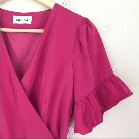 LINE + DOT Cherie Mini Wrap Dress Ruffle V-Neck Short Sleeve Fuchsia Pink Medium - Picture 4 of 15